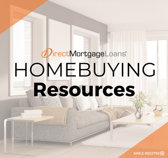 Graphic reading "home buying resources" with living room image. | Direct Mortgage Loans