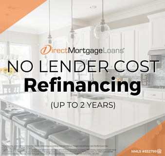 Graphic reading "No Lender Cost Refinancing" with kitchen image.